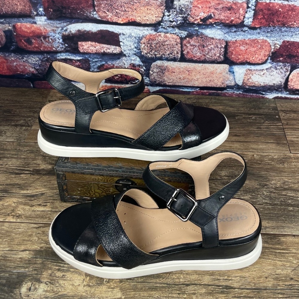 Geox Respira Womens D02GUD Black Leather Platform Sandals Size 40
